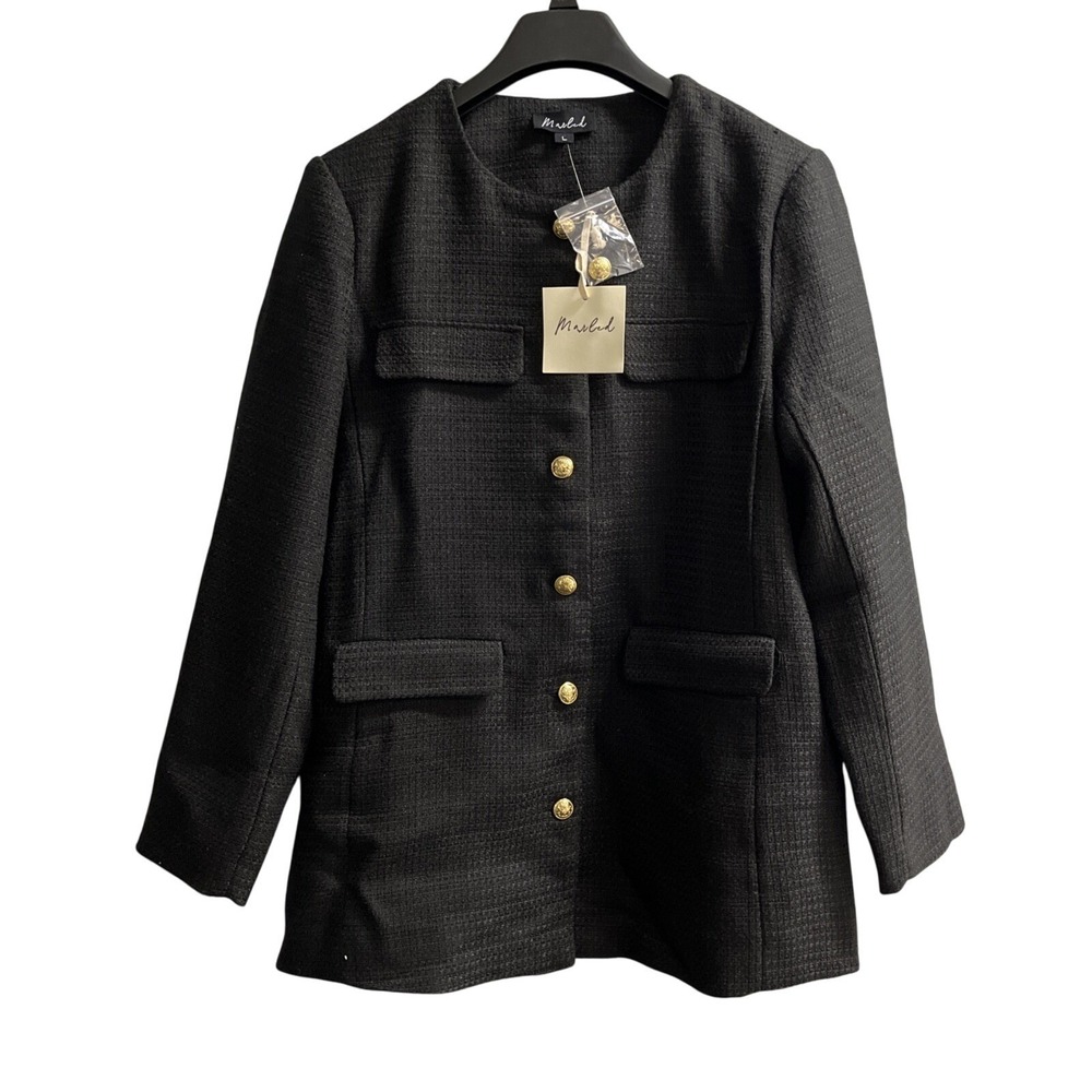 Marled Blazer Womens L Black Textured Long Jacket Gold Buttons Office Career